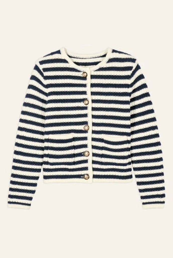 Knitted Cardigan With Gold Buttons- Navy Stripe