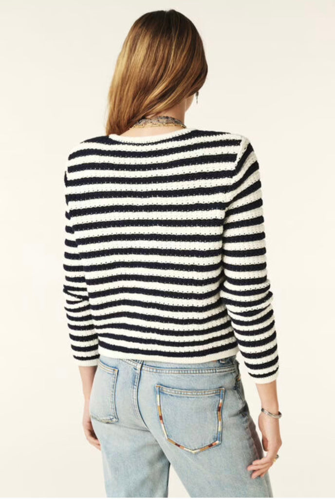 Knitted Cardigan With Gold Buttons- Navy Stripe