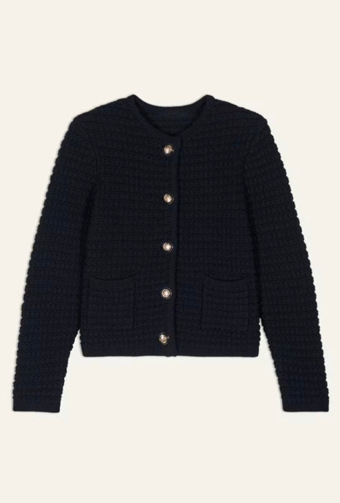 Knitted Cardigan With Gold Buttons- Navy